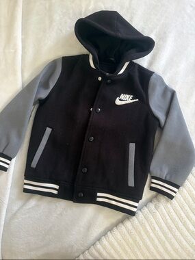 Nike Kids Black and Gray Hooded Varsity Jacket